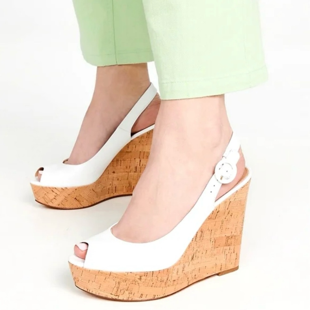 Veronica Beard Dali Cork White Wedge Slingback Platform Heel Sandals